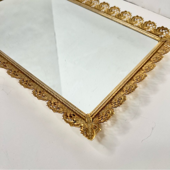 Vintage Ornate Gold Filigree Rimmed Rectangular Dressing Table Mirror Tray - Picture 3 of 3